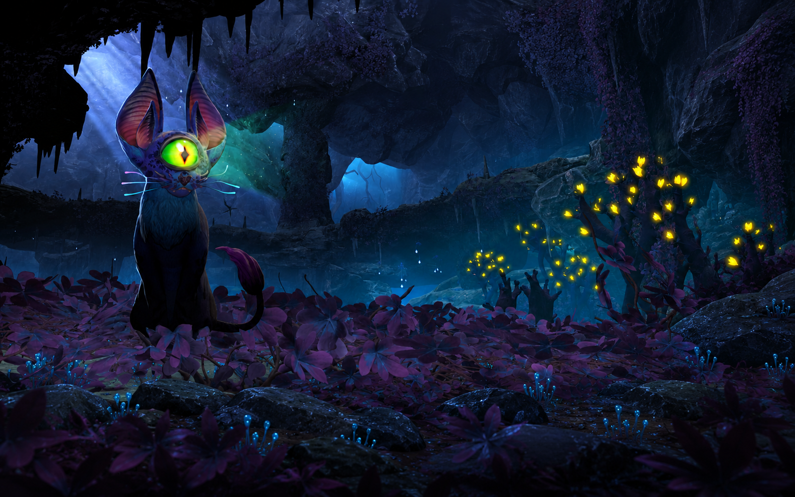 Core Values artwork: a one-eyed feline in a luminous cave