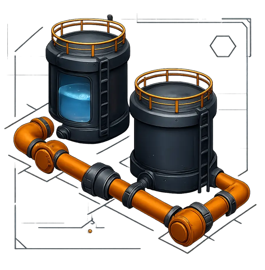 Flow Compensator sample build: two fluid buffers tied into one pipe run with a valve