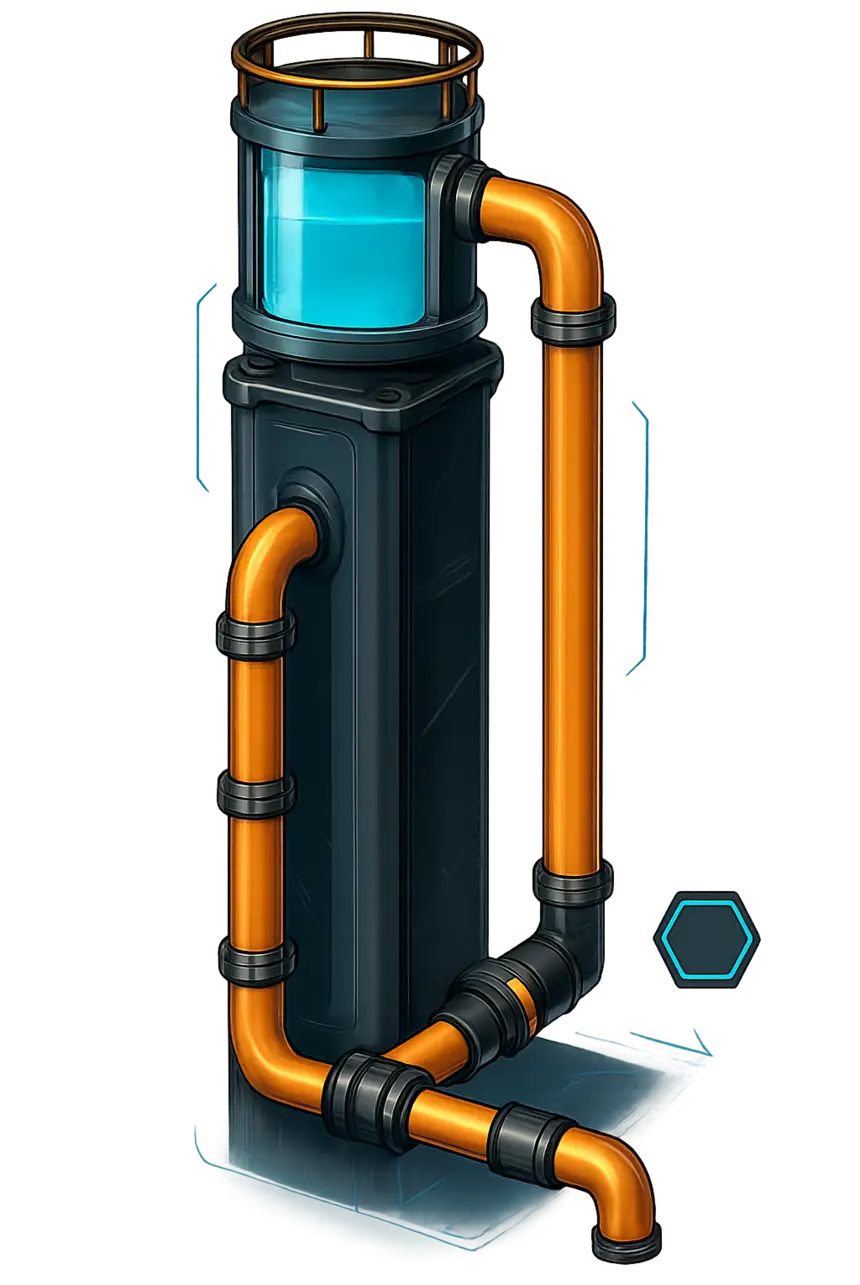 Water Tower sample build: a fluid buffer mounted high on a tower with a pipe climbing to it